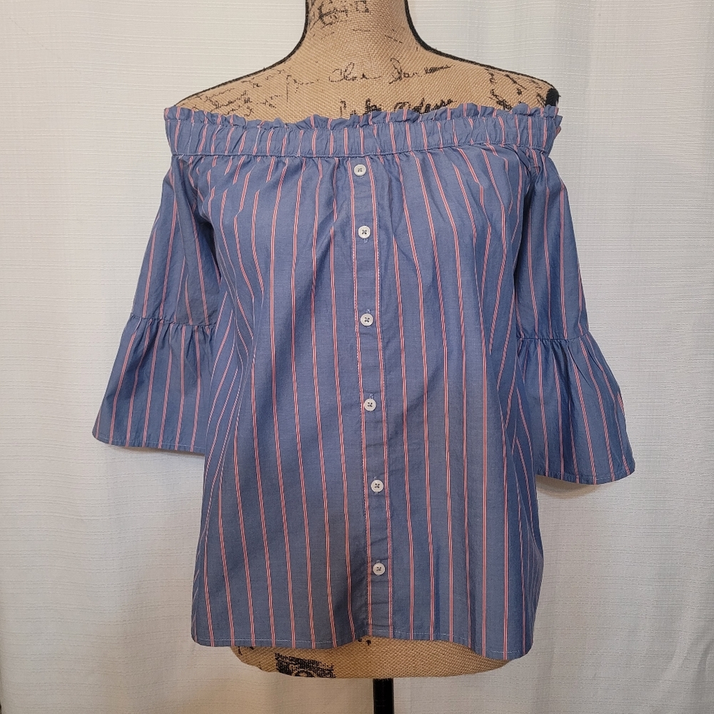 Abercrombie & Fitch Off-The-Shoulder Stripe Poplin Cropped Top - Picture 3 of 5